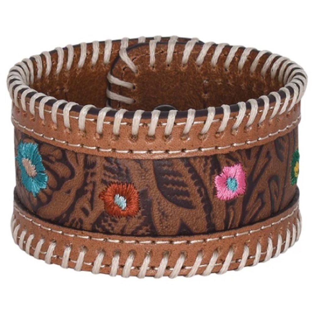 NWT Justin Brown Tooled Leather Cuff Bracelet with Floral Embroidery